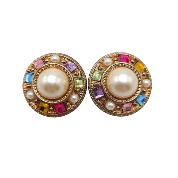 Vintage 1980s Gold Tone Clip On Earrings Faux Pearl Center Multi Rhinestones - Picture 1 of 6